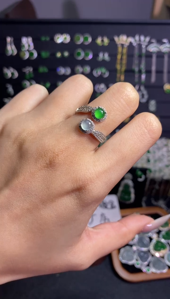 银S925镶嵌戒指翡翠双蛋面戒指