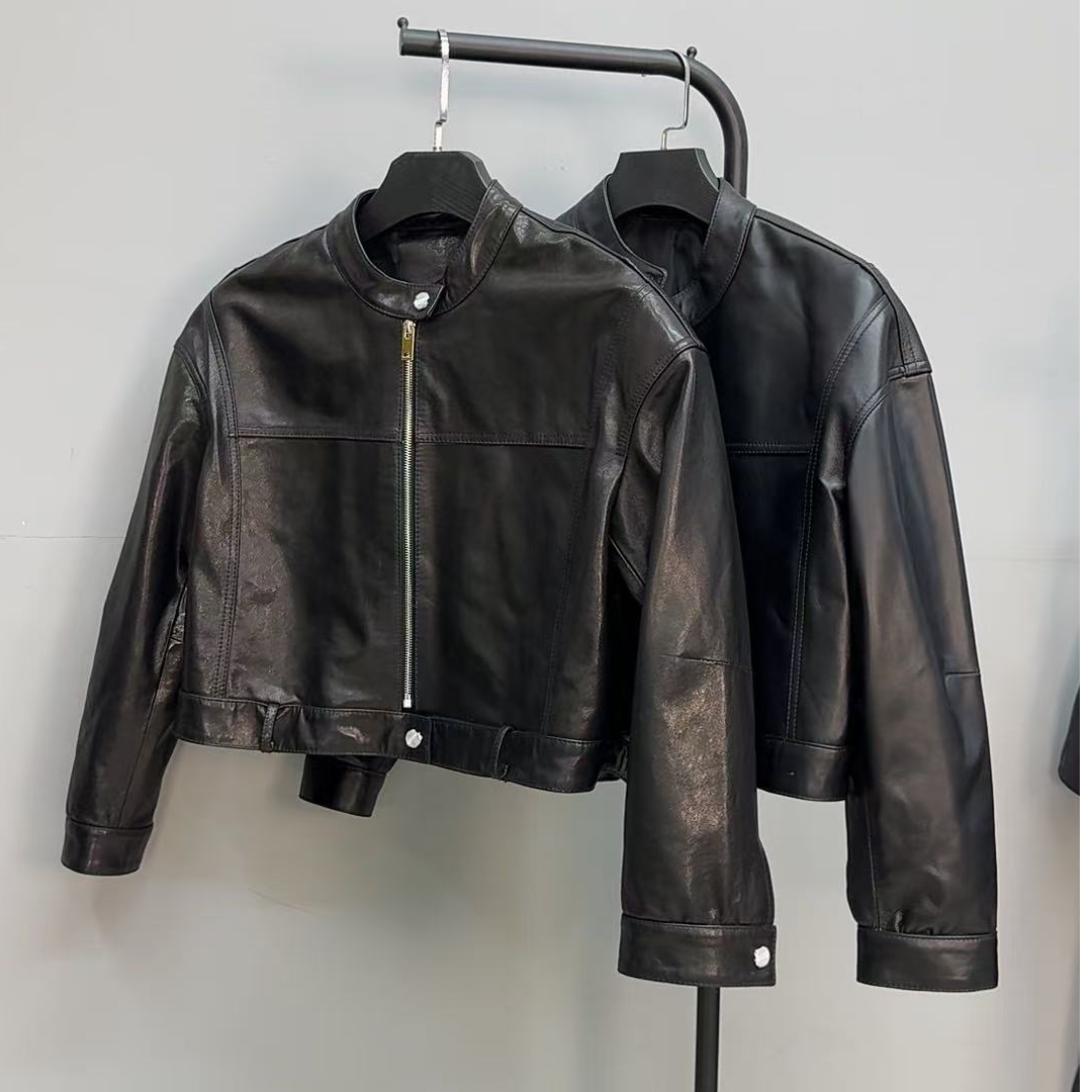 《刘夫人推荐》2025早春爆款真皮绵羊皮短款立领设计宽松个性外套女