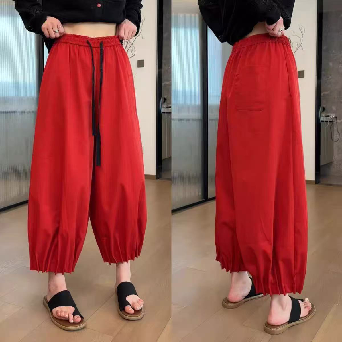 夏季新款速干气球裤荷叶边休闲欧洲站宽松版松紧腰百搭韩版显瘦