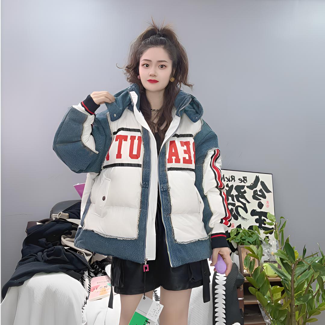 LY家26817#7+ 冬季字母印花牛仔拼接连帽加厚YURONG休闲百搭外套