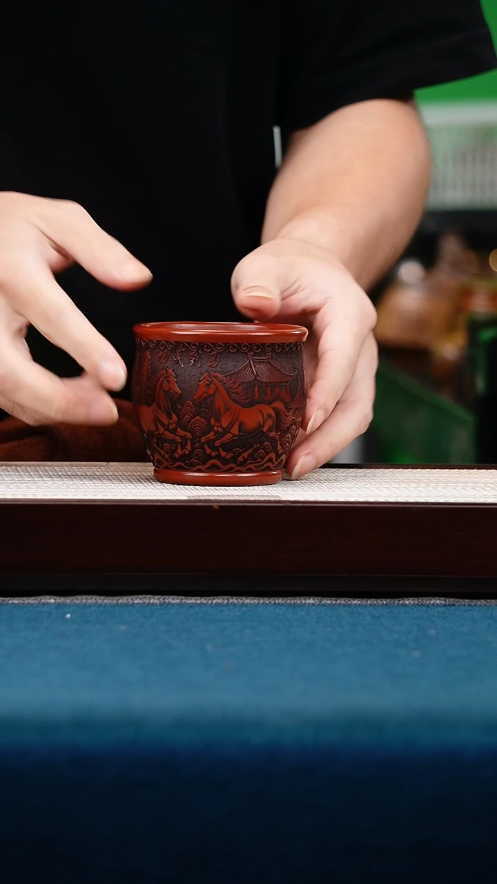 茶壶紫砂大红袍 主人杯 刻马到成功 全手工