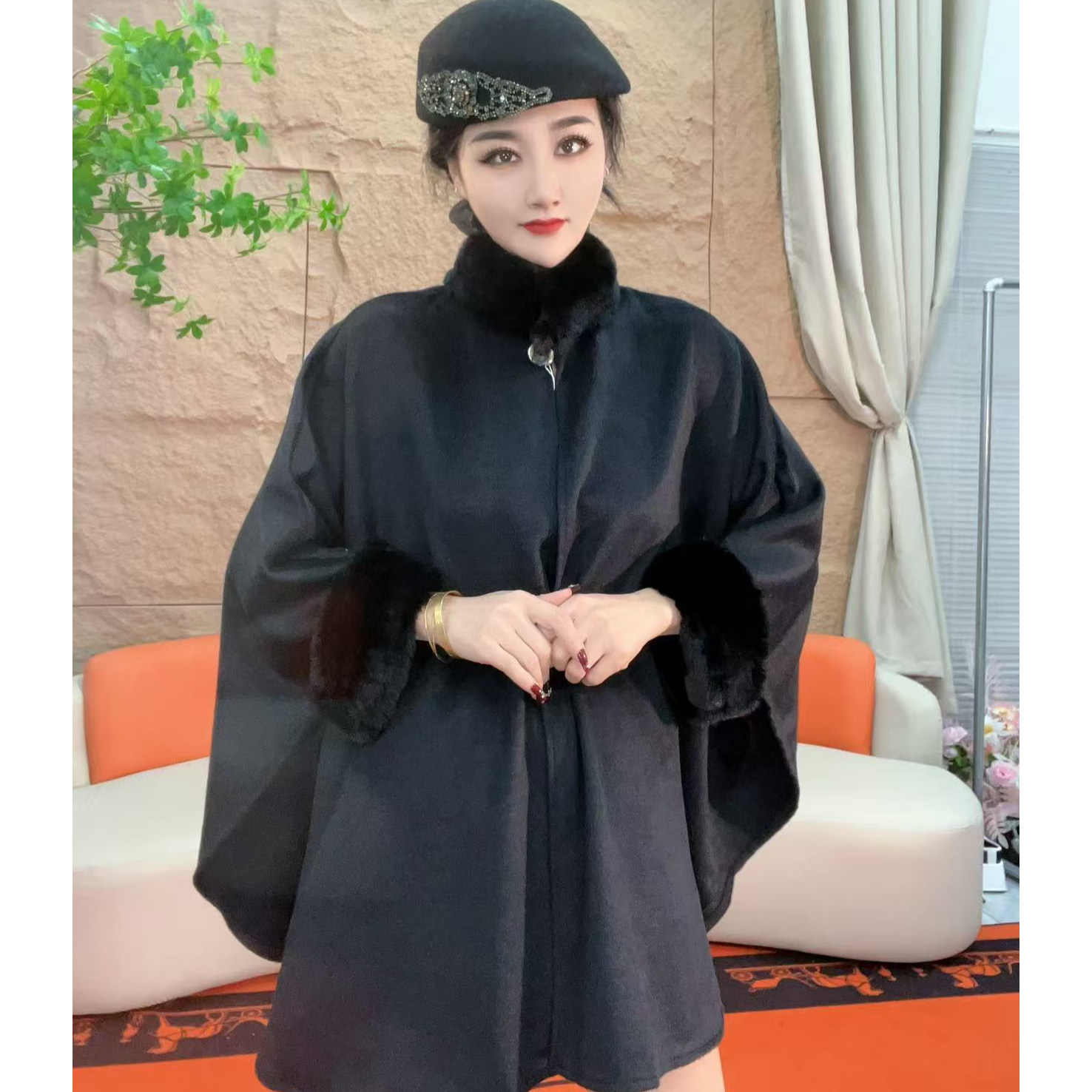 9103【凡家衣橱】秋冬款毛领中长款呢子大衣气质斗篷披肩毛呢外套