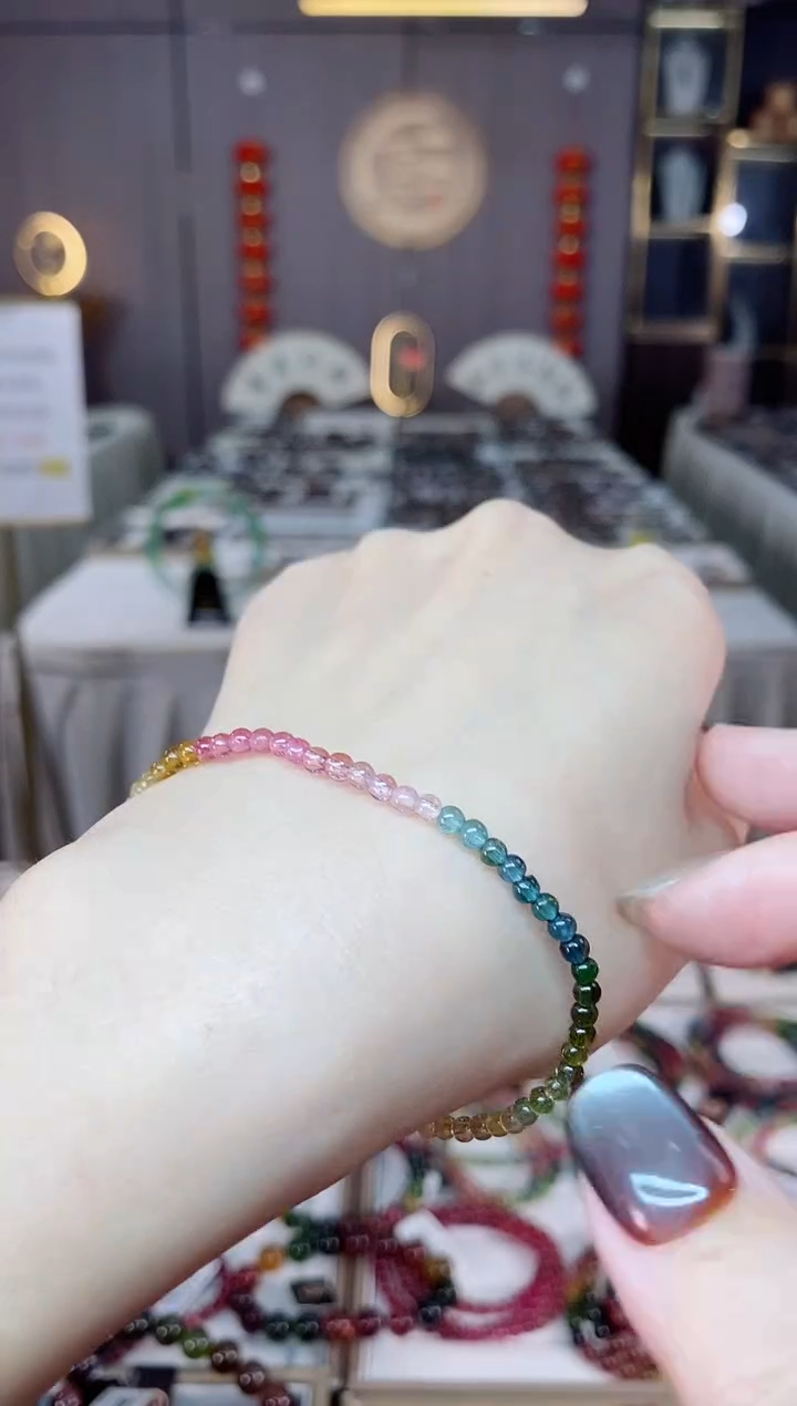 未镶嵌老矿碧玺色标彩虹净体单圈手串3mm+碧玺dan多样性发货一条