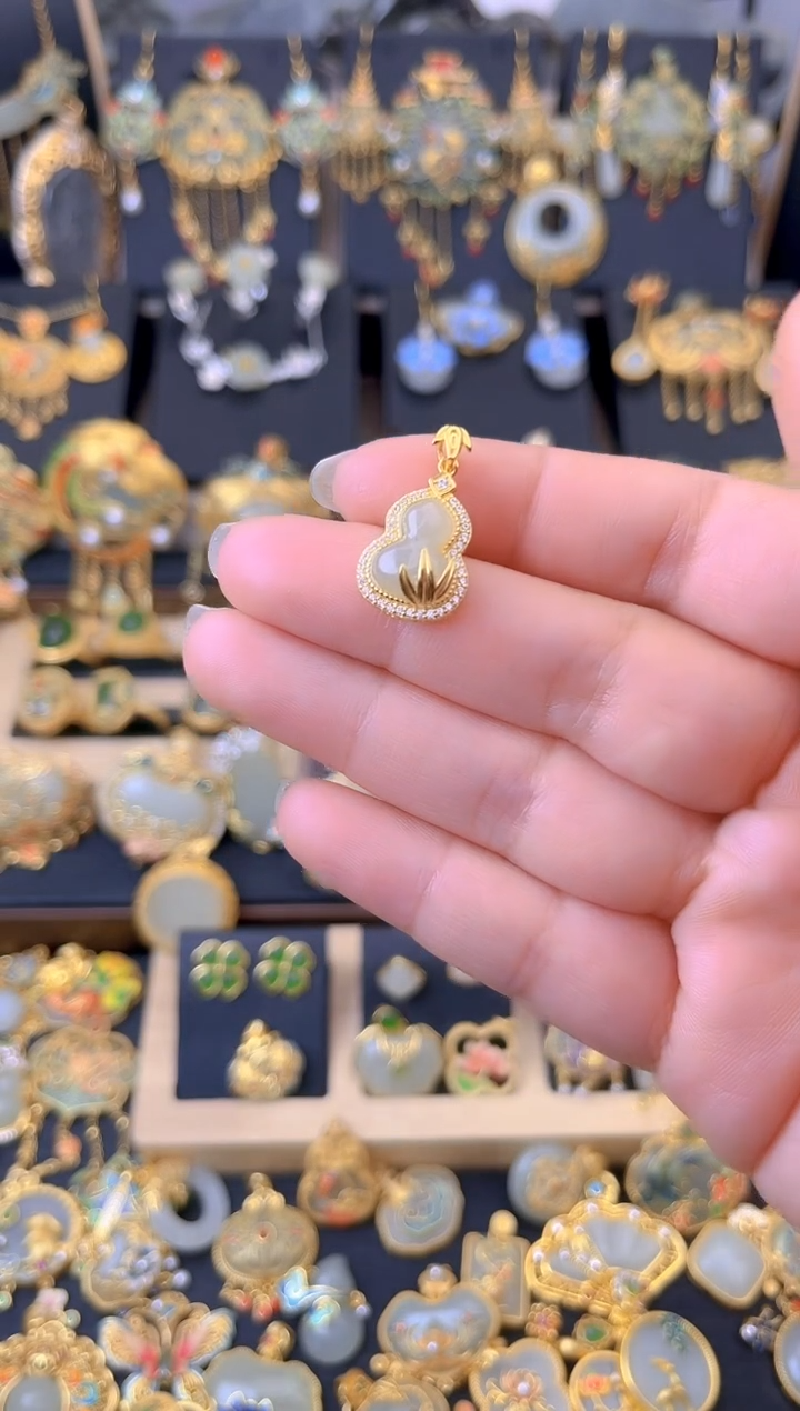 【闪购商品】和田玉吊坠银S925镀金镶嵌福竹葫芦吊坠