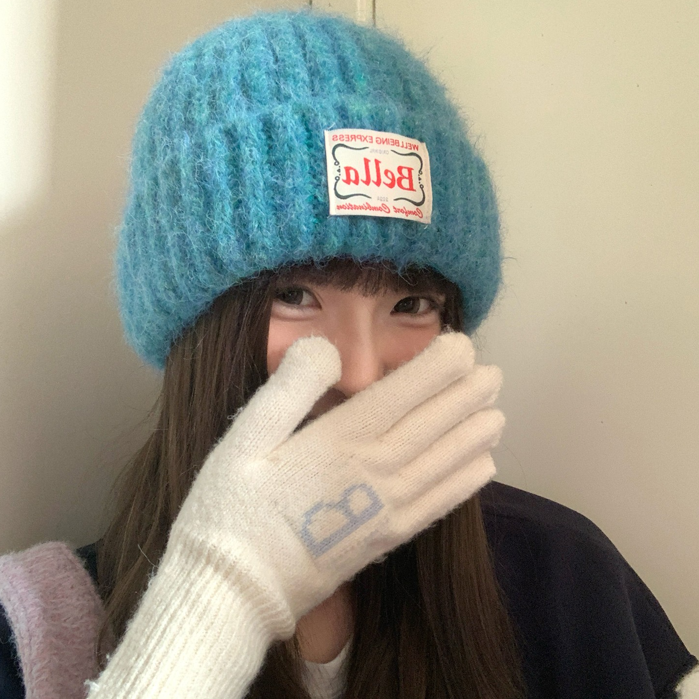 秋冬季加厚保暖毛线帽子女韩版显脸小针织包头帽大头围蓝色冷帽潮