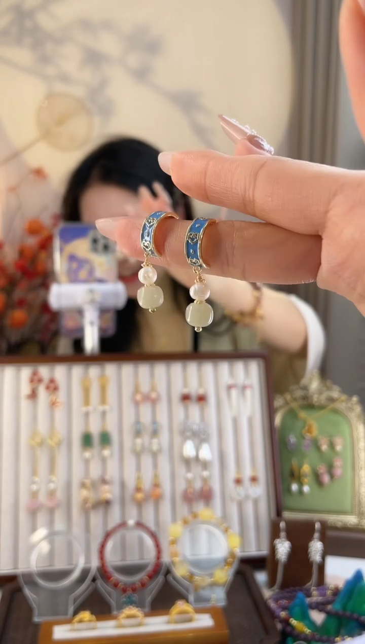 铜合金925银无2-3 青花瓷烧蓝葫芦耳钉