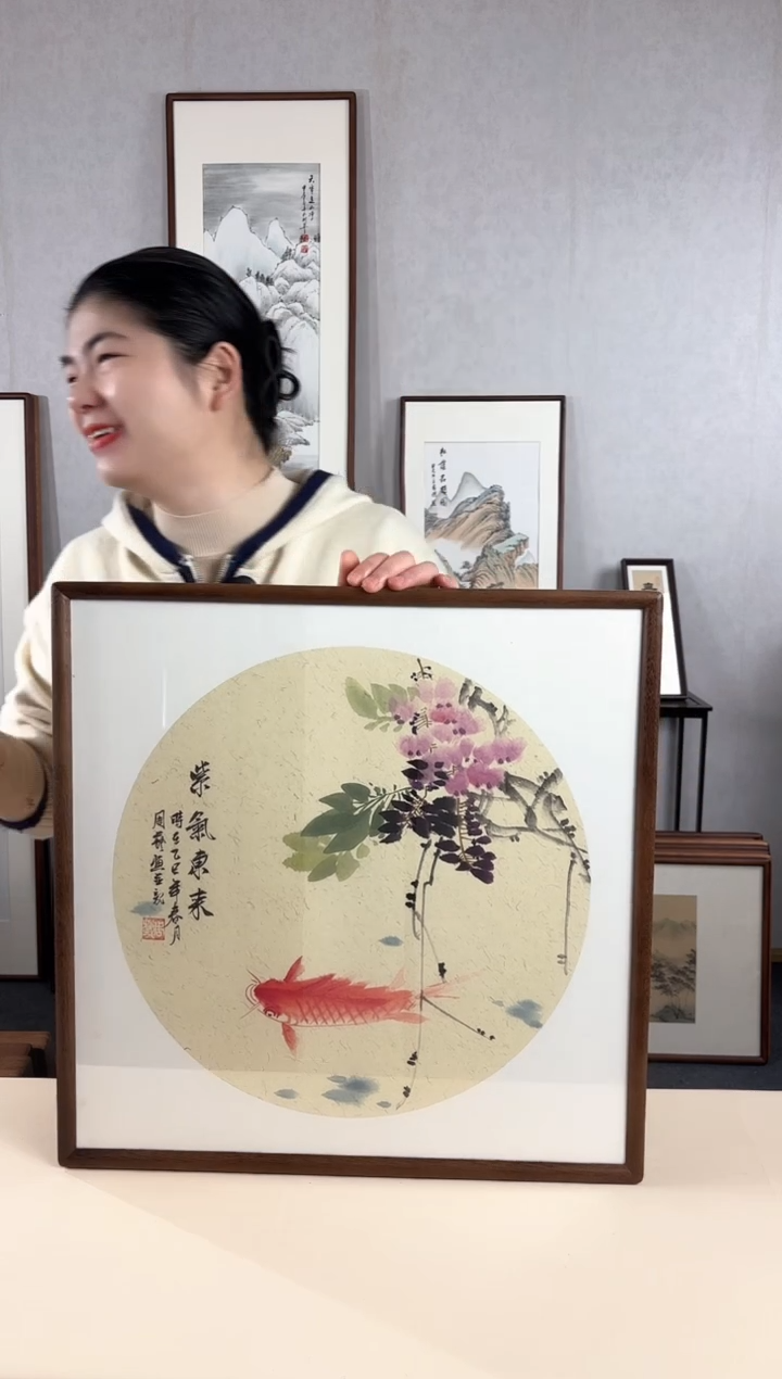 【闪购商品】国画手绘*紫气东来*52*52cm实木框