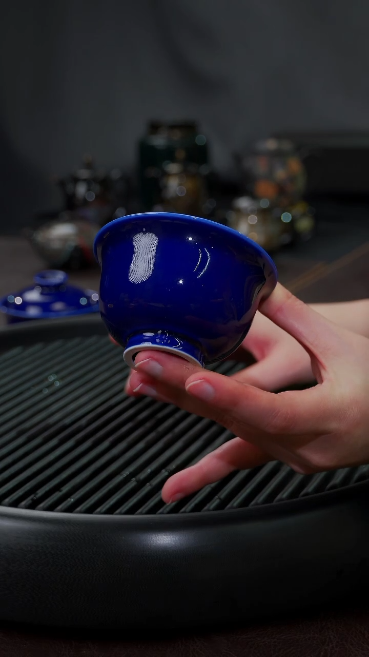 【闪购商品】杯【宜景窑蓝宝王子】元宝盖碗+挂饰