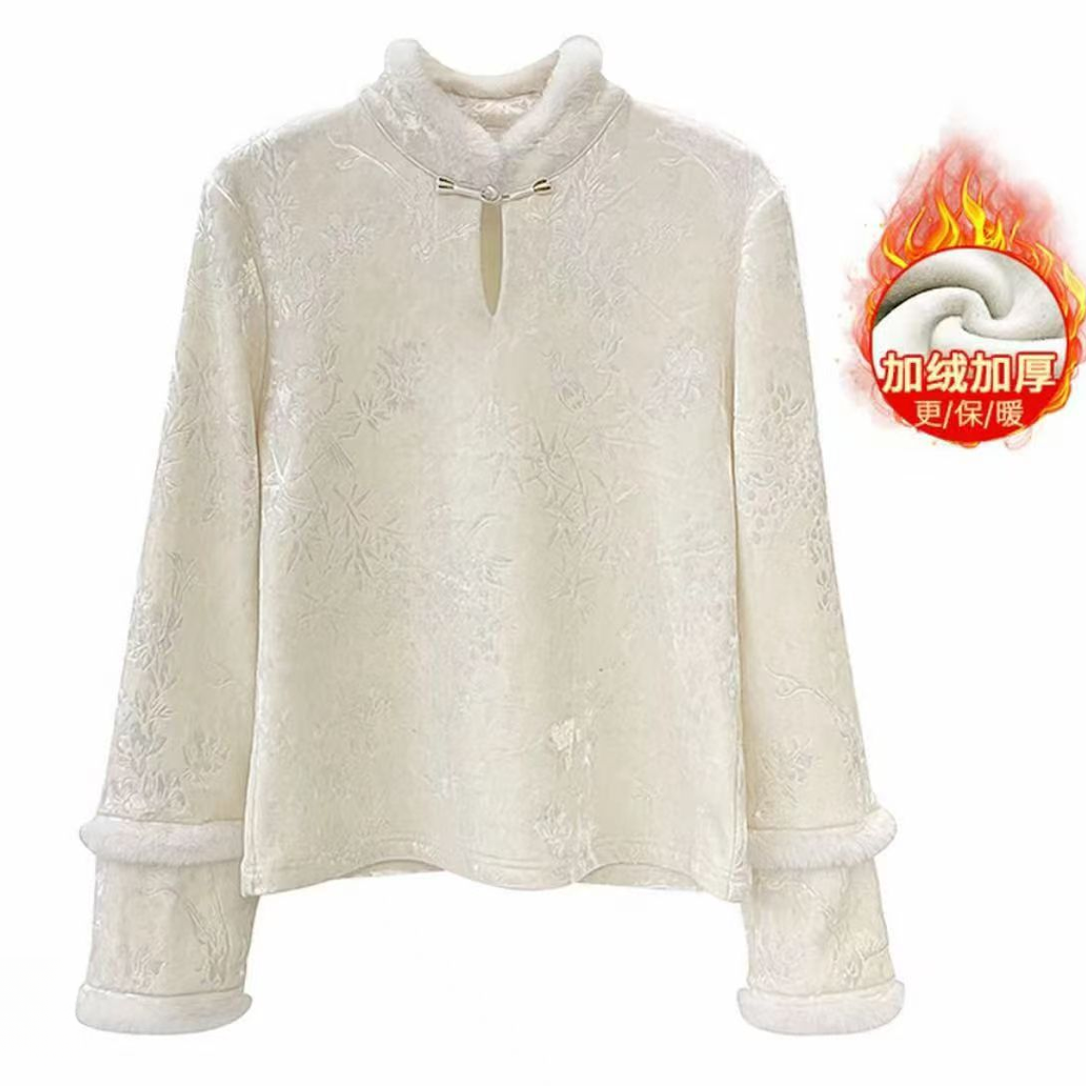 白露~新中式加绒丝绒秋冬立领盘扣加厚上衣打底衫通勤百搭614