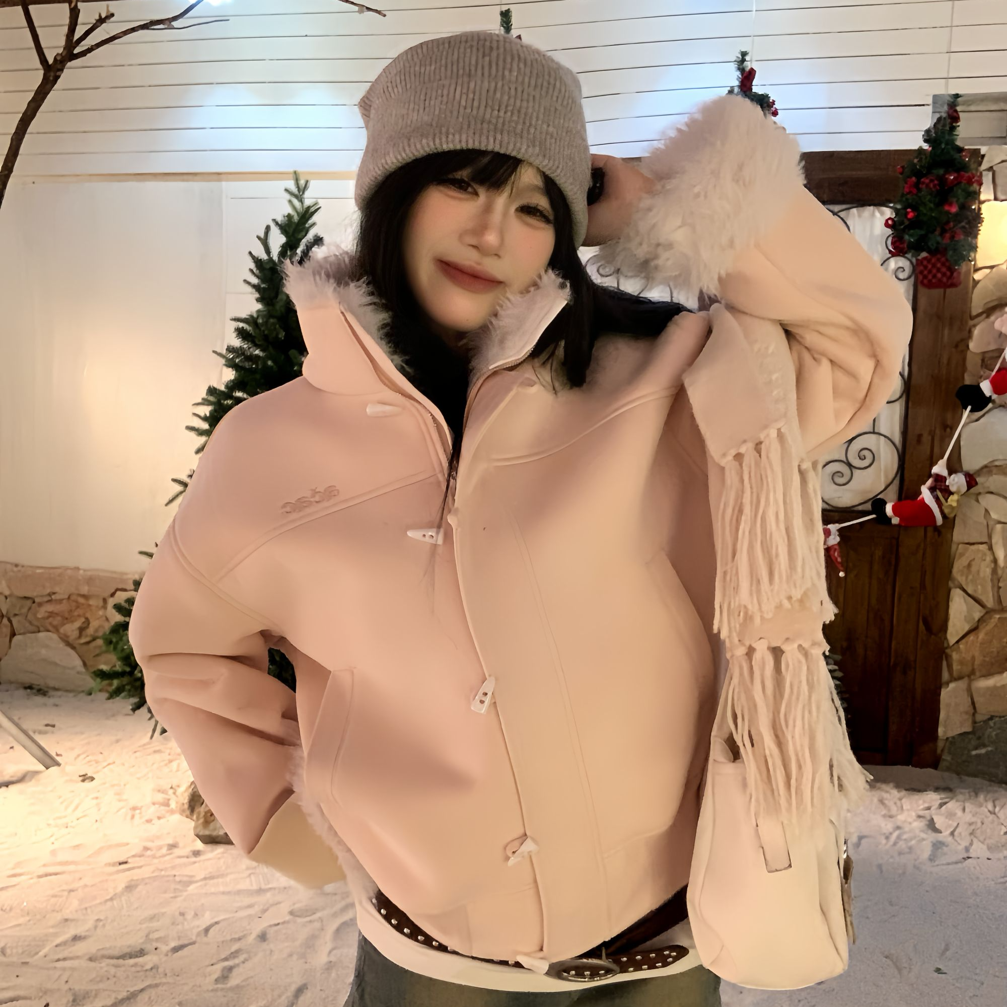 【Achock官方店】千金风牛角扣加绒毛领棉衣加厚保暖夹克外套毛领