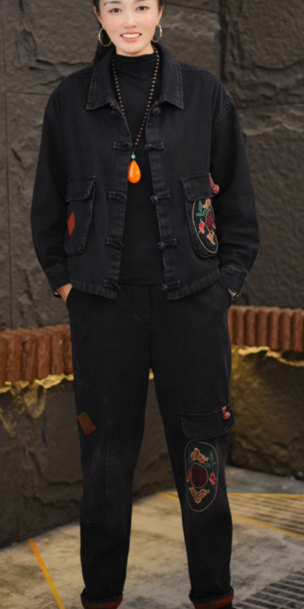 复古时尚套装中国风中性风美拉德风初恋风工装风重工砂洗绣花牛仔
