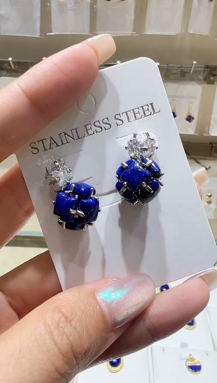银S925镀金镶嵌青金石耳饰@@