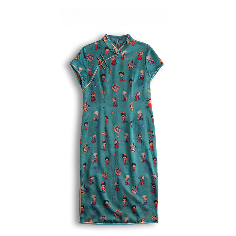 香云纱（景铄）提花花萝时尚简约复古气质旗袍连衣裙-60042