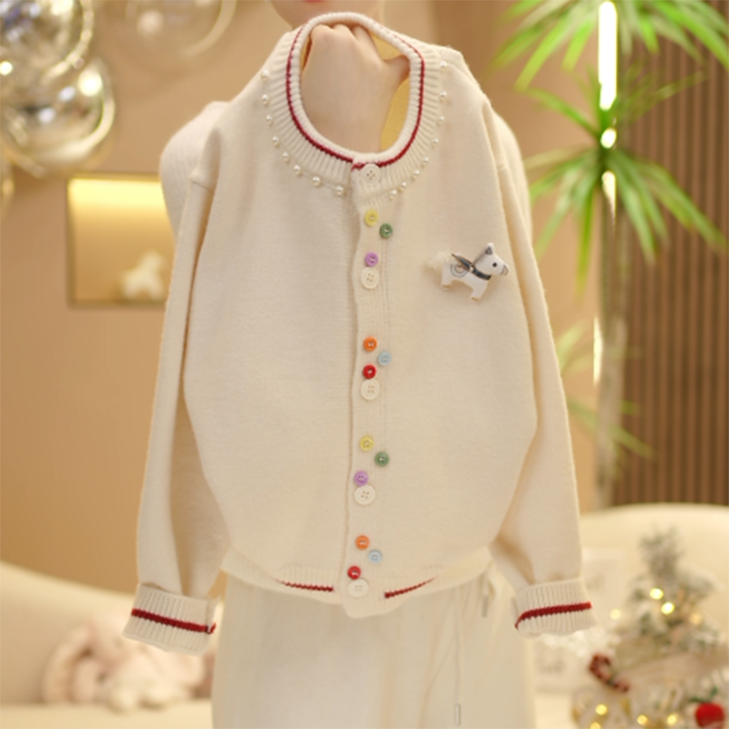 【米小洛】韩版童装2025冬季新款女童针织开衫珍珠圆领卡通毛衣