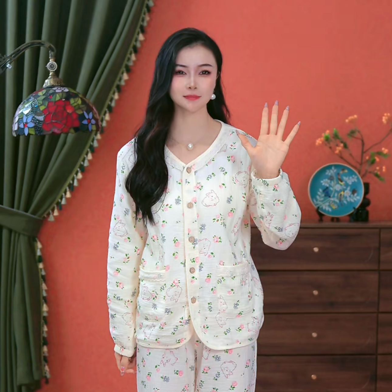 2025年新品双层棉纱长袖兔子宽松家居睡衣女士田园风AYB