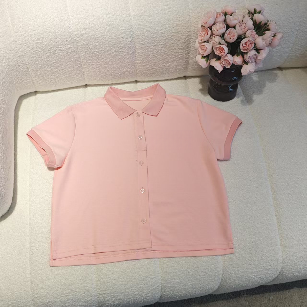 5368短款开衫polo领短袖粉色透气上衣修身显瘦百搭上衣