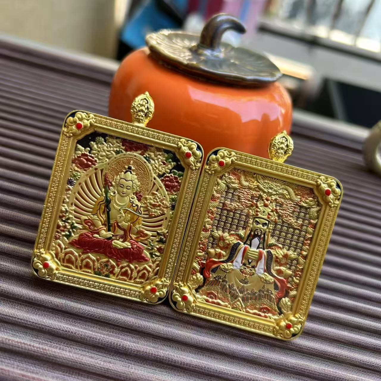 钛钢玻璃吊坠 《五爷双面》八大守护立体唐卡福牌，鎏金镀K金工艺A