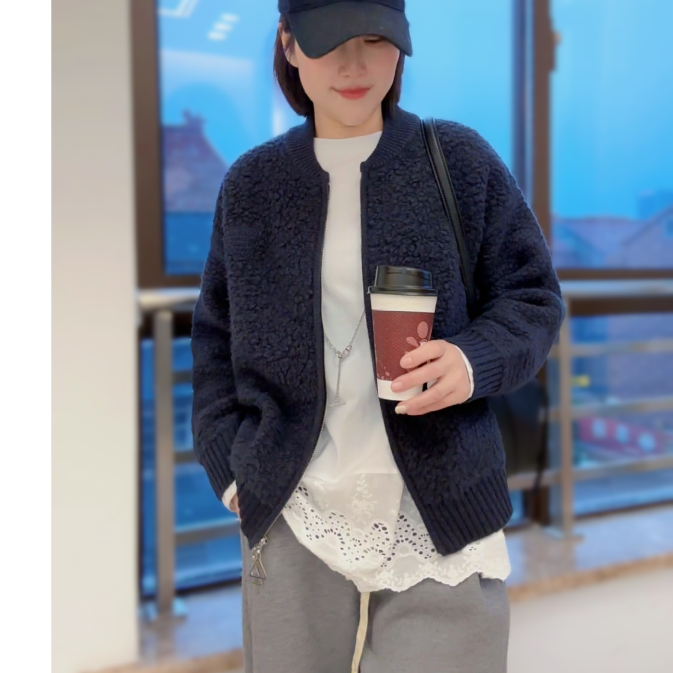 安然【纯羊毛双拉链开衫】羊卷毛新款时尚简约轻奢 休闲 棒球服3331