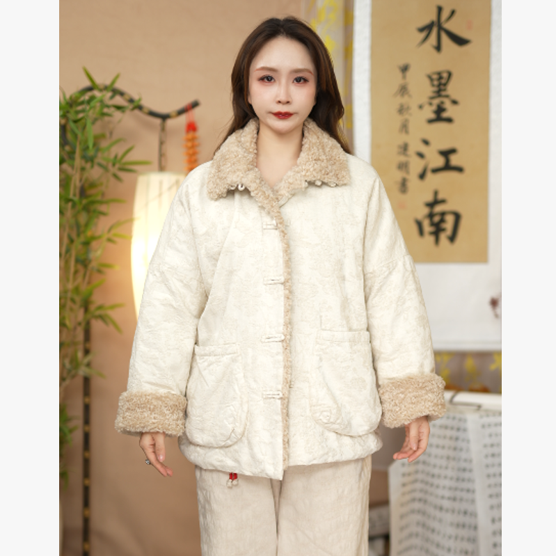 水墨江南-【霜白】纯亚麻提花中式加棉服女冬翻领复古外套25176