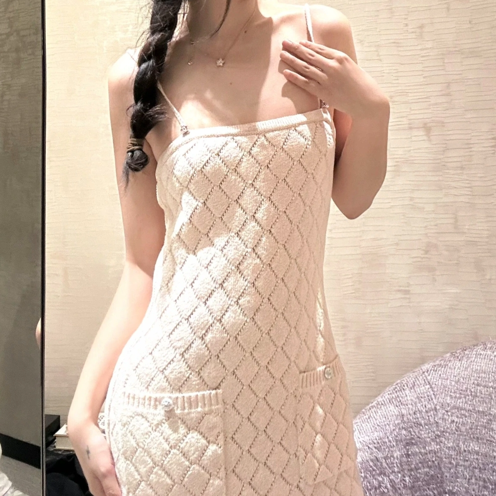 99新 Chanel/香奈儿 汤/P235399081/23S 菱格 针织 吊带连衣裙