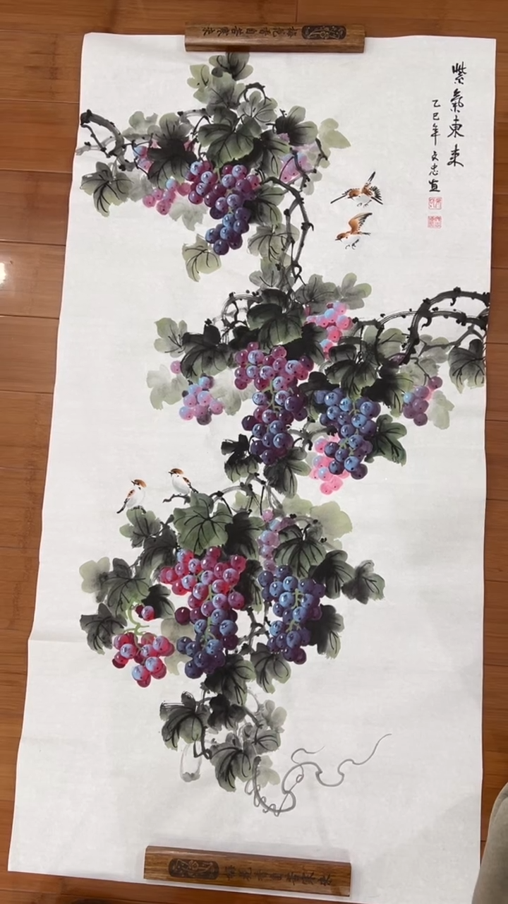 国画【福利，纯手工手绘】张文忠葡萄竖版138*68厘米