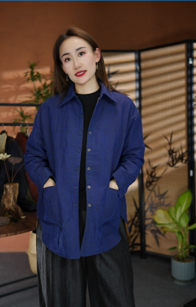 【苗蔓纱语】100%香云纱桑蚕丝高级蓝龟翻领中长款棉衣外套