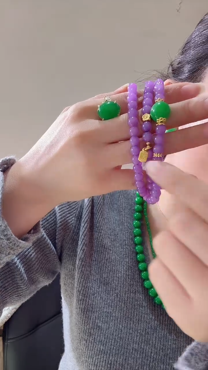 颈饰未镶嵌石英质玉紫三圈弹珠手串