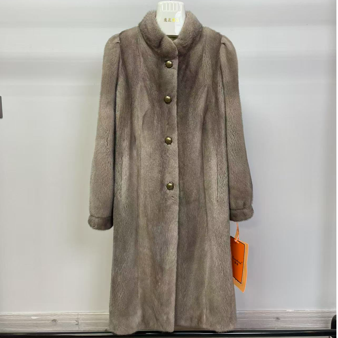 （100cm）新款进口长款铜扣立领银蓝色水貂大衣