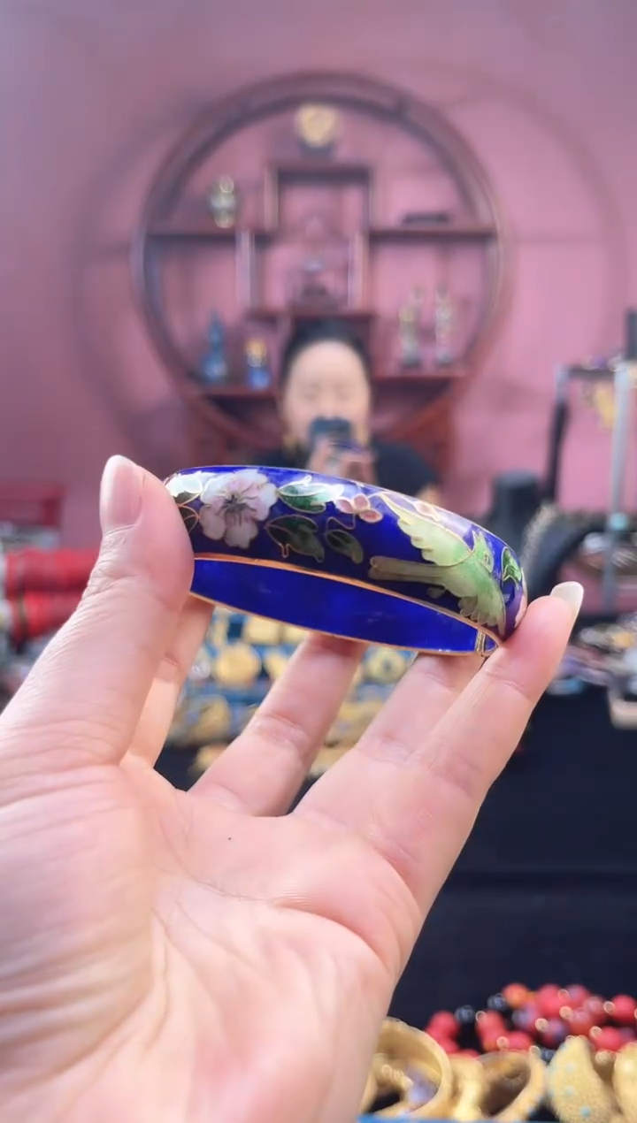 非遗 景泰蓝花鸟开口镯 58-64 宝蓝