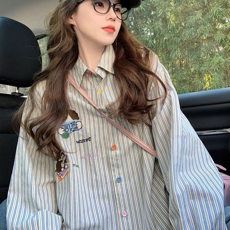 蓝色条纹衬衫女设计感小众2025春秋新款重工卡通刺绣美式宽松上衣