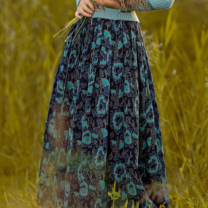 【花裙系-恰似烟蓝】【半身裙】新款复古印花高腰时尚松紧大摆中长款