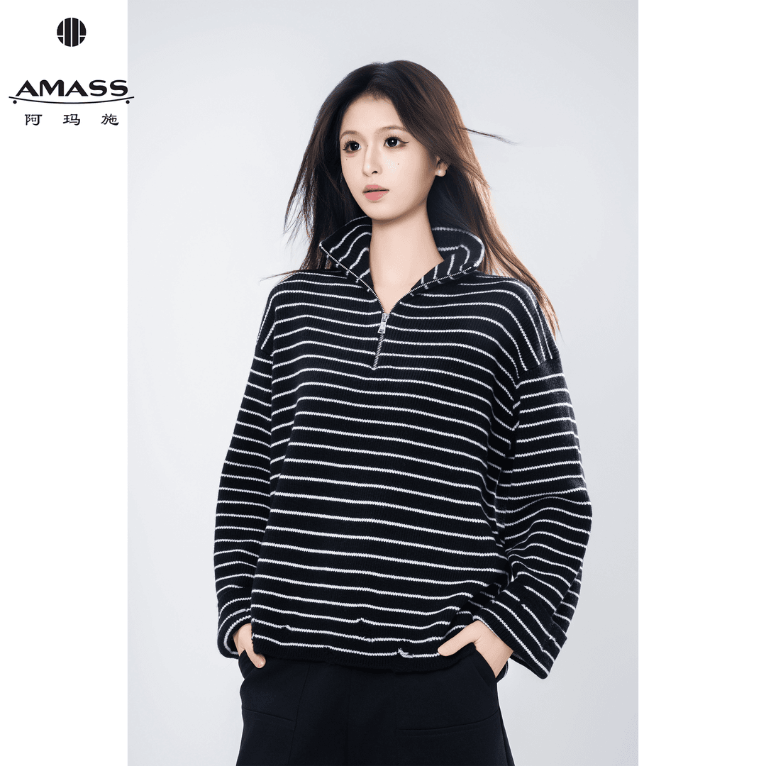 AMASS/阿玛施秋冬新款时尚气质百搭休闲条纹半高领针织衫女538088