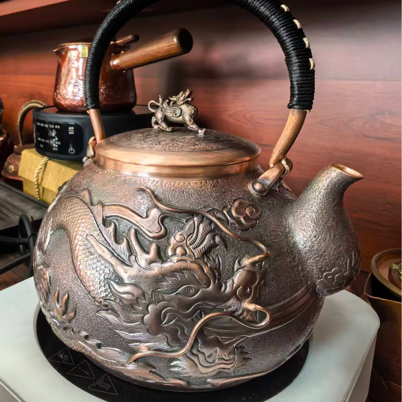 1300ML纯手工浮雕錾刻紫铜做旧复古锤纹烧水壶