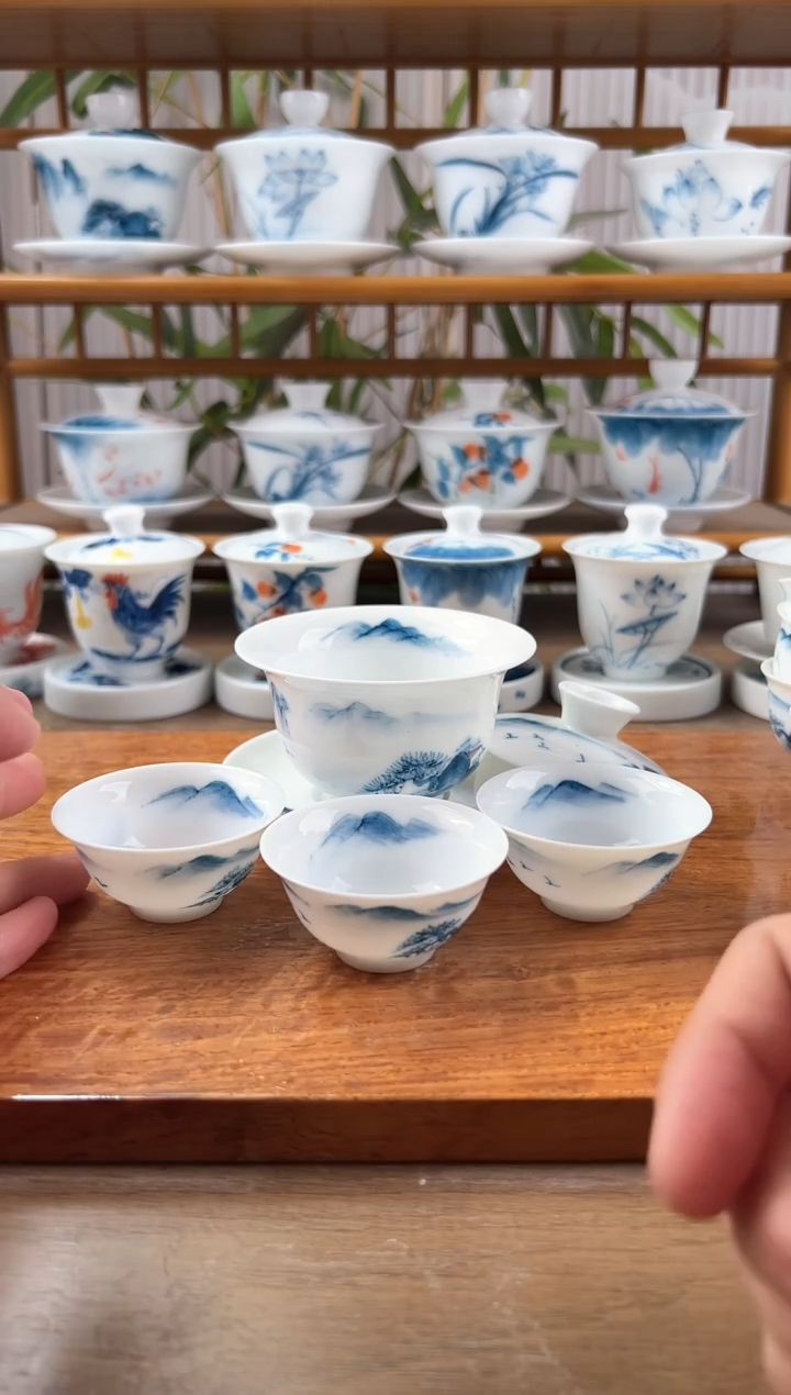 微瑕千里江山130ml三才盖碗+小玉兰杯3个