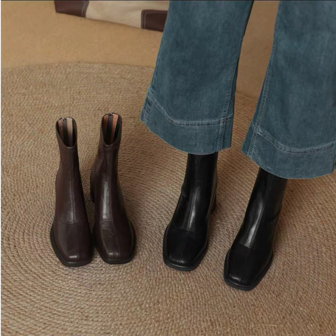 【万达撤柜TT】短筒方头修面皮粗跟弹力靴粗跟靴复古单靴短靴瘦瘦靴