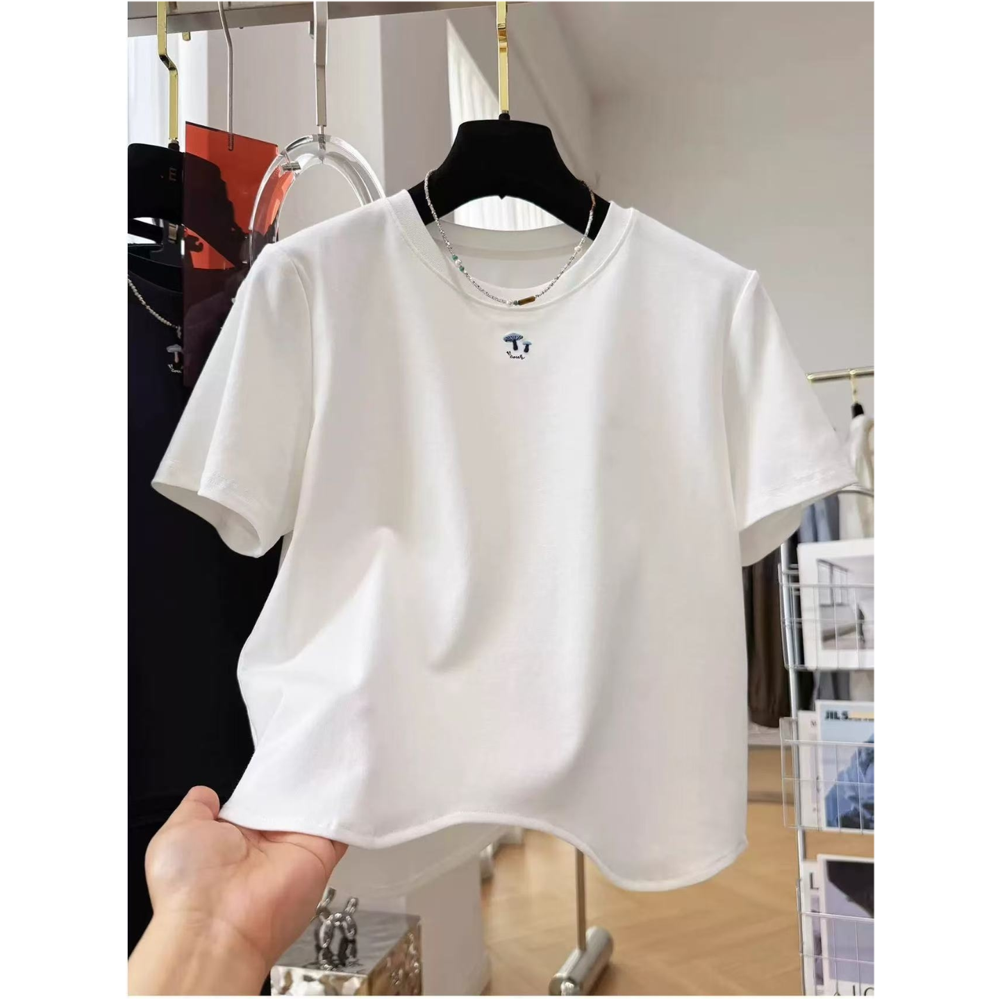 R09759韩系减龄小蘑菇刺绣短袖T恤女夏季半袖短款打底衫内搭上衣