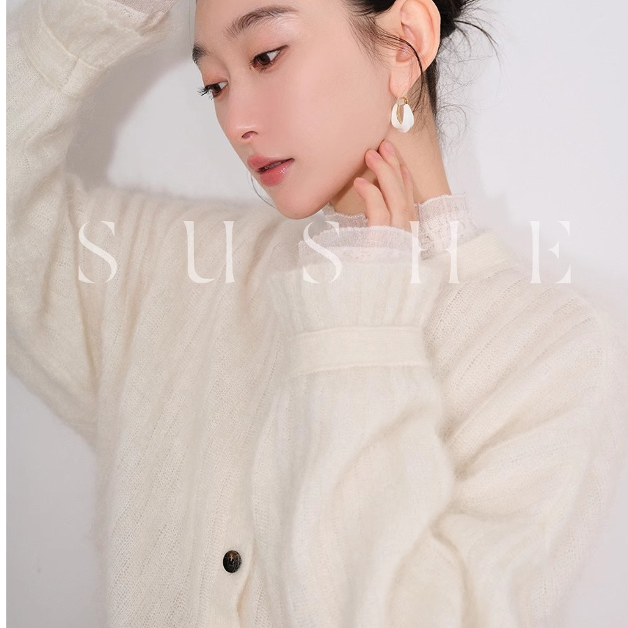 束皙SUSHE软糯马海毛羊毛保暖秋冬白色冬季韩版针织开衫外套ins
