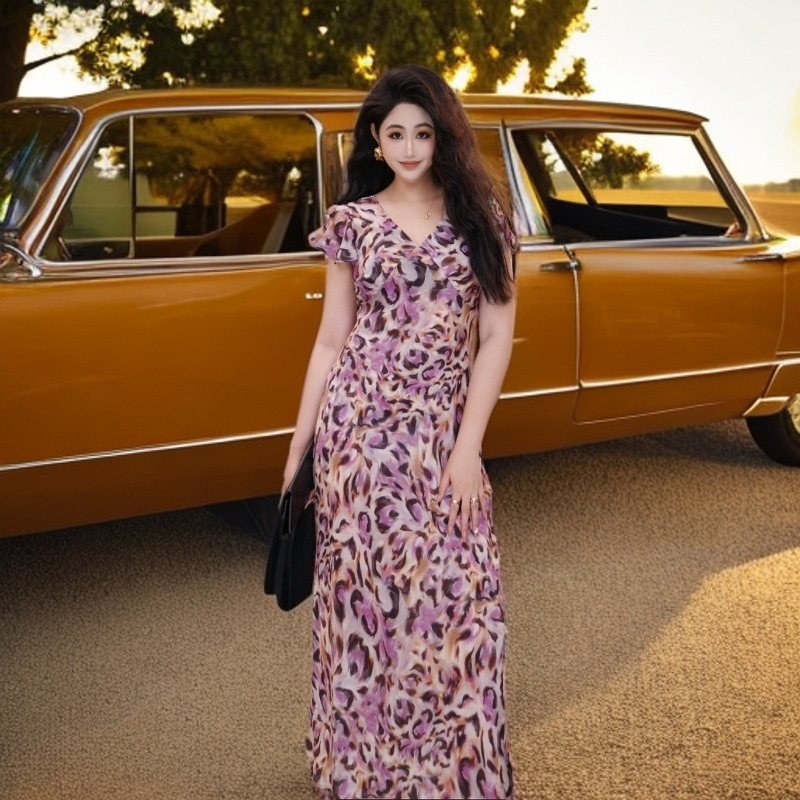 星云里微胖服饰｜芭比豹比｜微胖时尚感粉色豹纹显瘦斜裁夏季连衣裙