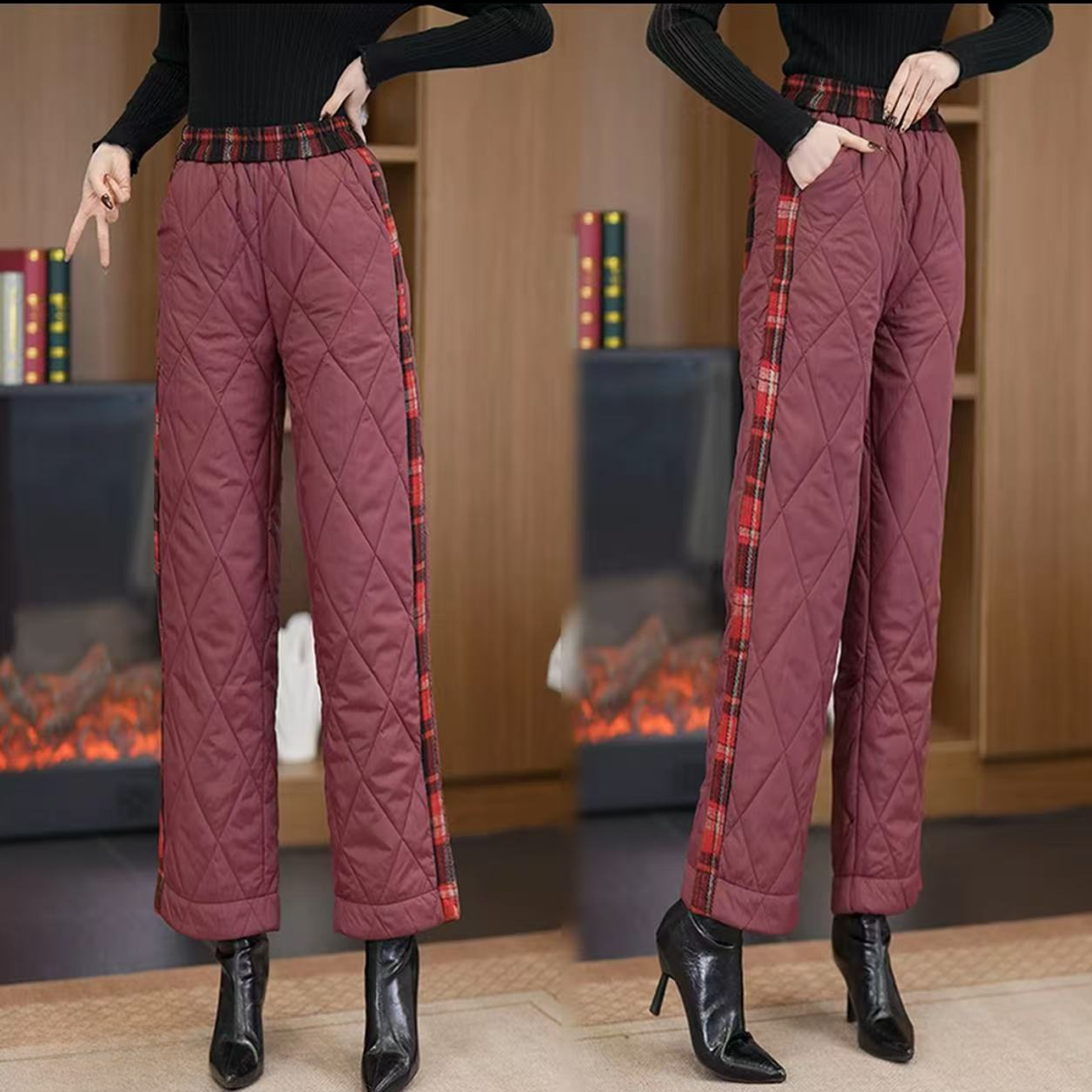 高腰显瘦加厚保暖棉裤毛呢格纹拼接阔腿裤女士冬季保暖夹棉长裤