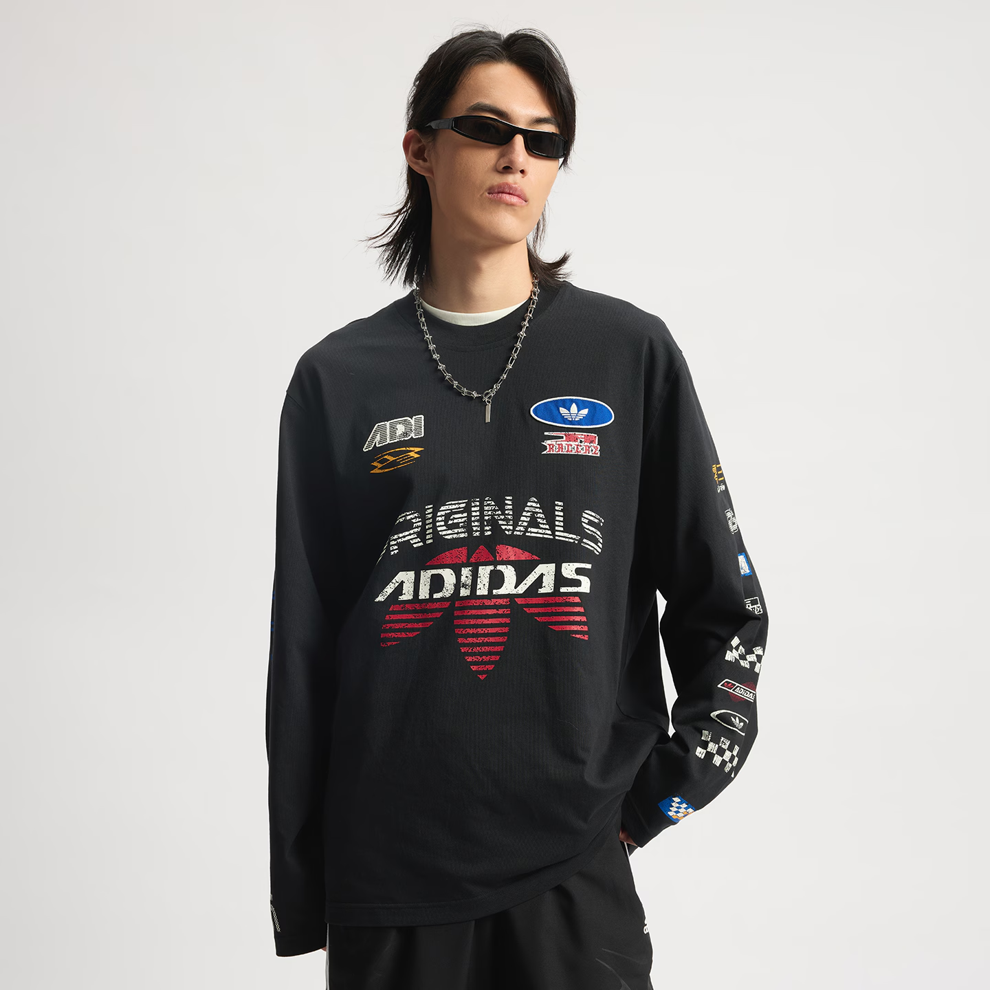 阿迪达斯/ADIDAS男子赛车风纯棉运动宽松长袖T恤KH1199