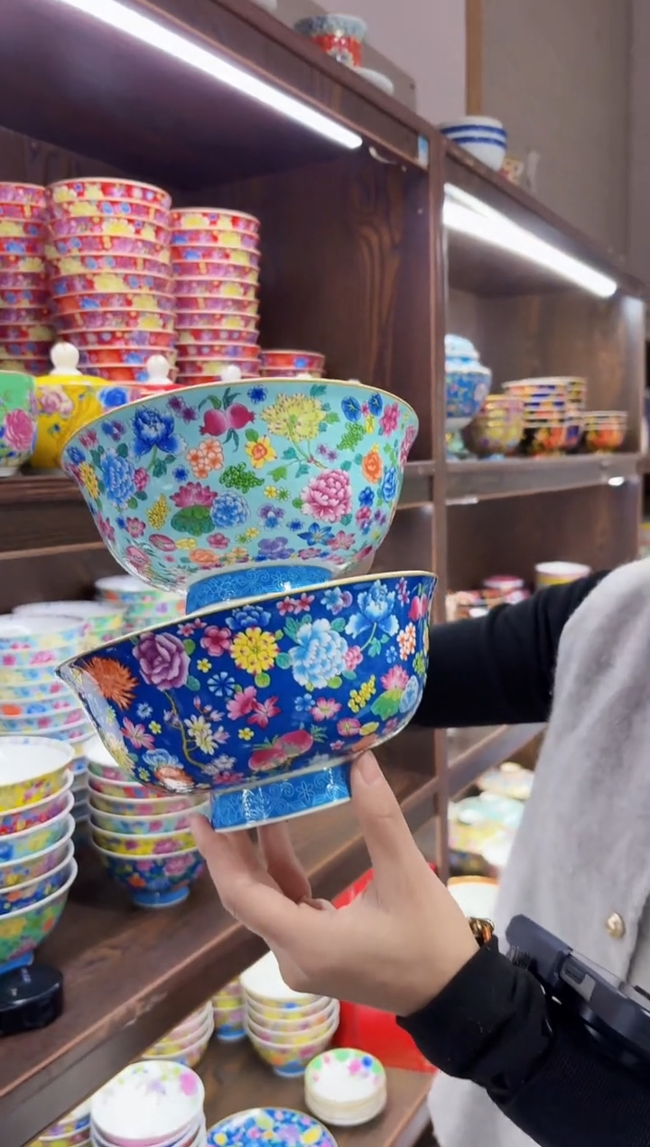 珐琅7英寸面碗2个景德镇陶瓷