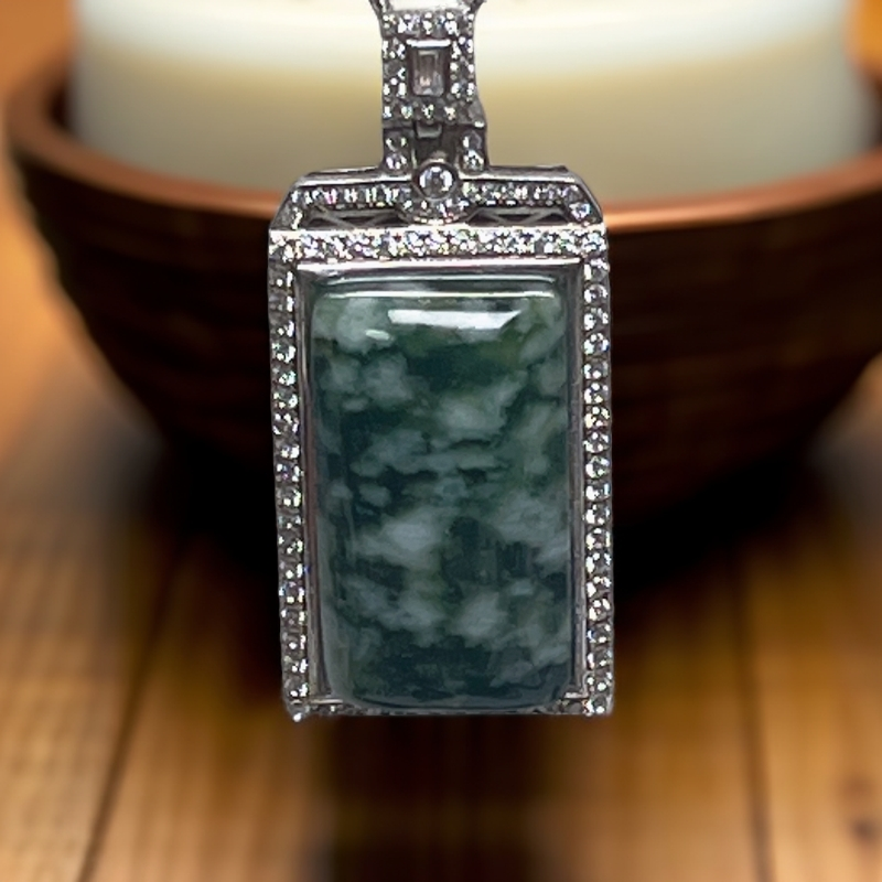 天然岫玉老油翠925银镶嵌 飘花无事牌经典百搭