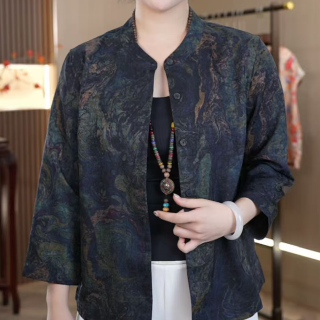 单层单面2025年初秋款修身上衣洋气气质减龄印花套头山海衬衫0916