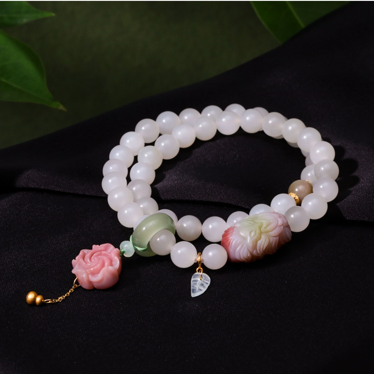 【意婵】“双12”18K金天然和田玉藕粉双圈手链翡翠盐源-915668