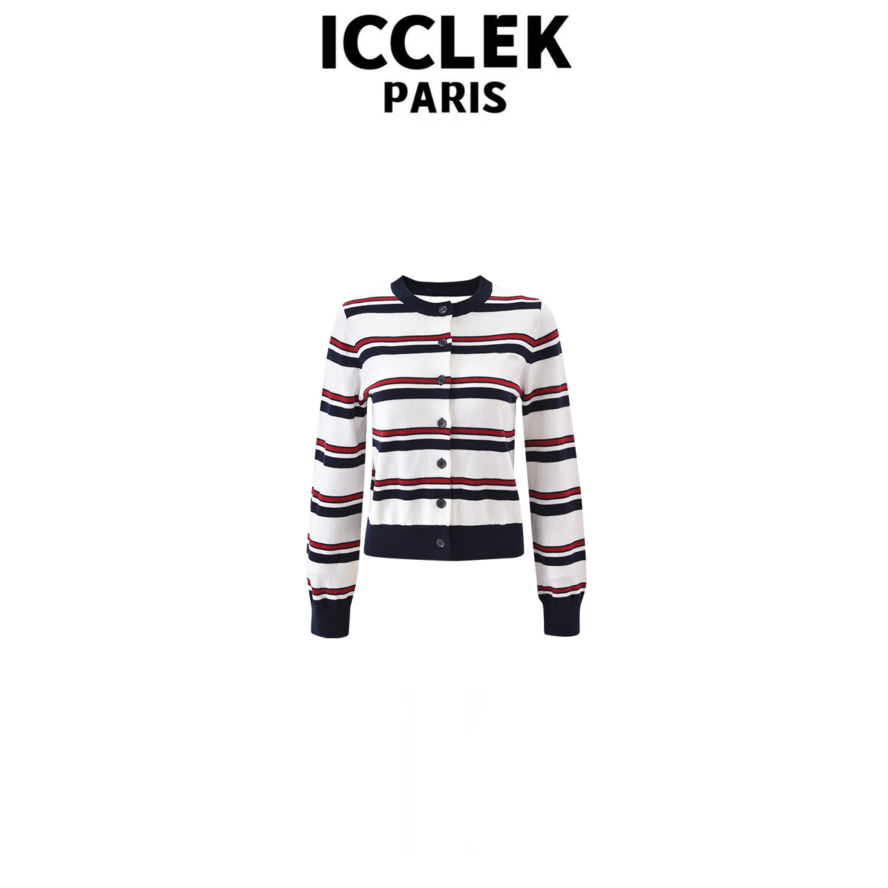 ICCLEK 条纹圆领撞色条纹针织长袖开衫气质轻奢百搭显瘦通勤-5874