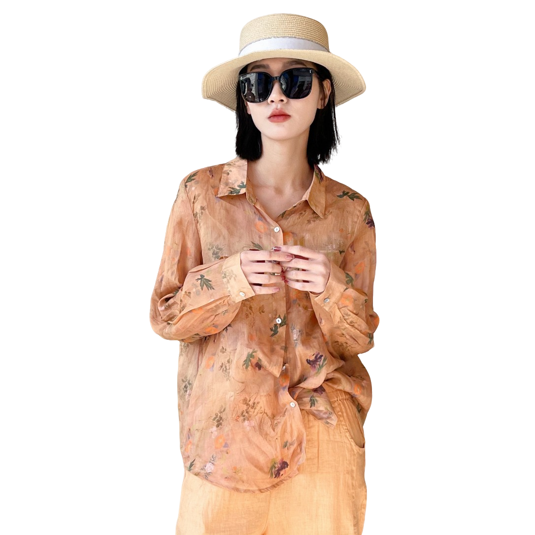 苎麻印花衬衫长袖翻领开衫-1258