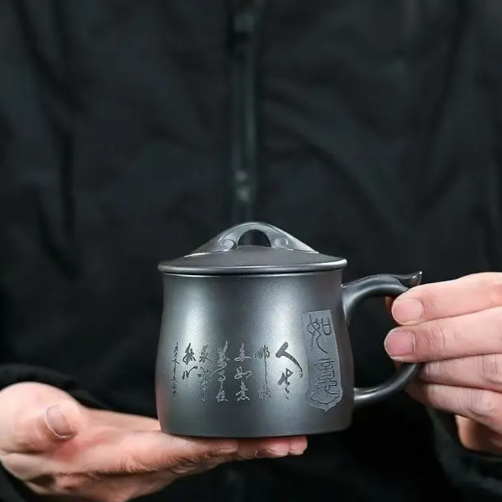 【盼盼紫砂-如意】紫砂 石黄 玄铁 刻绘  宜兴原矿紫砂大容量手工杯