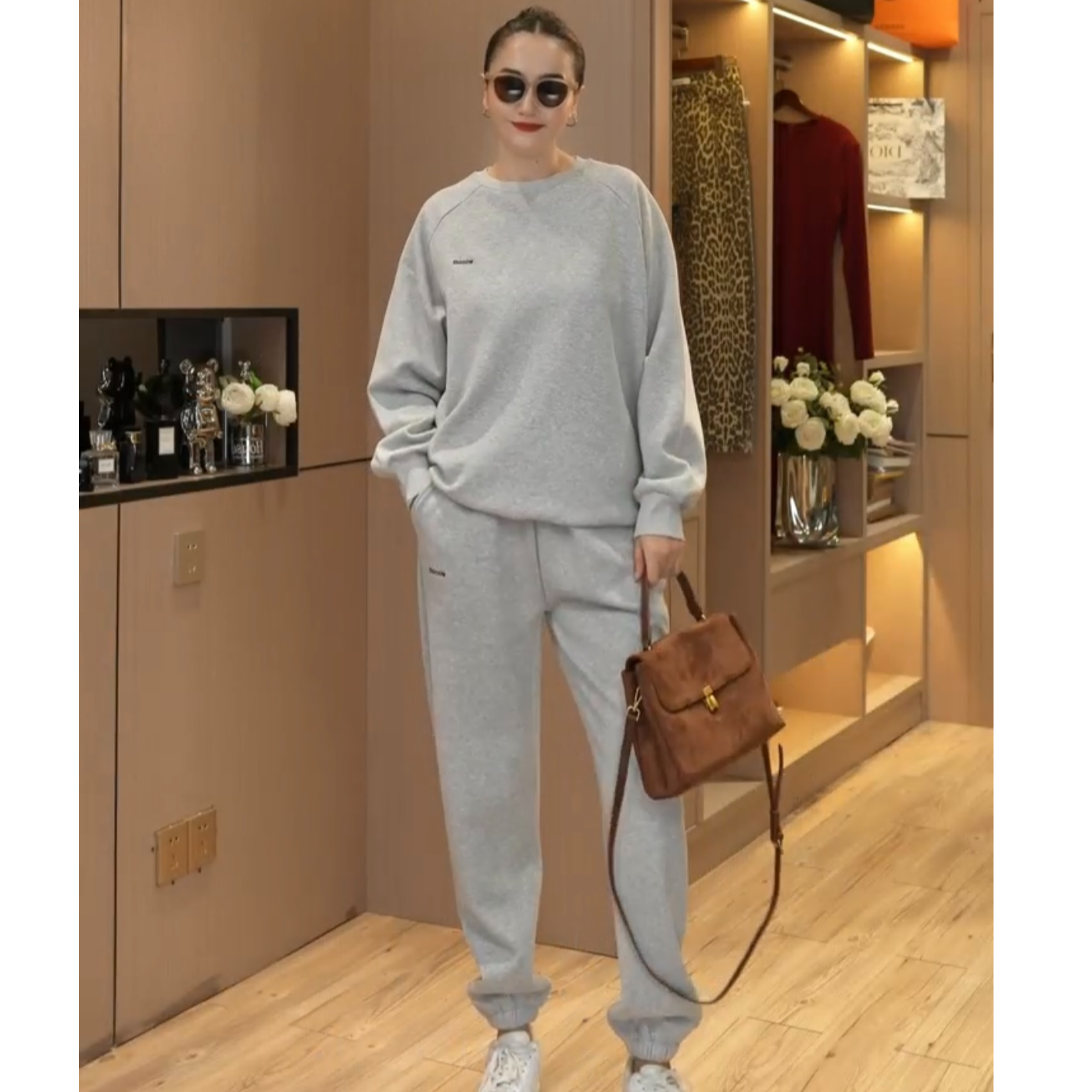 (单里）圆领字母刺绣卫衣套装女 新款ins长袖宽松时尚百搭