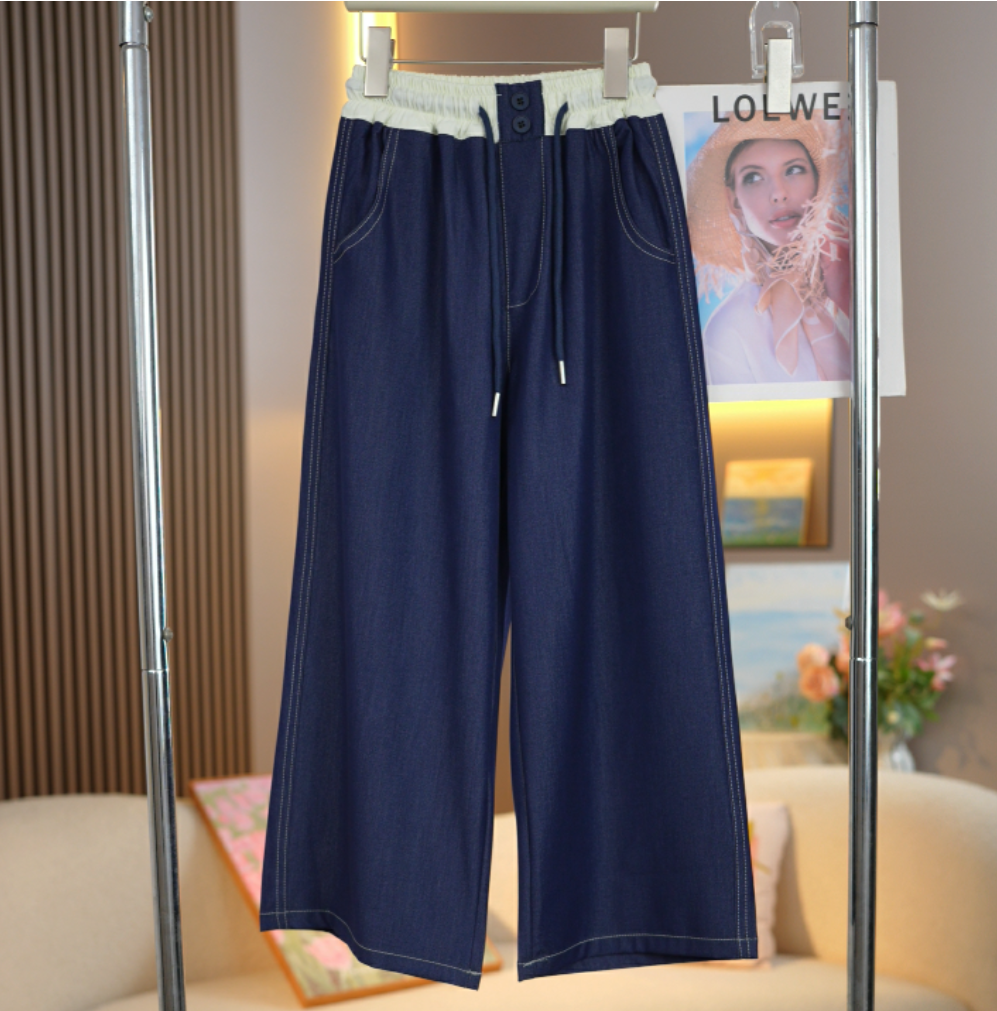 女童牛仔裤净色夏款2025夏季新款腰头拼接撞色中大童直筒阔腿裤潮