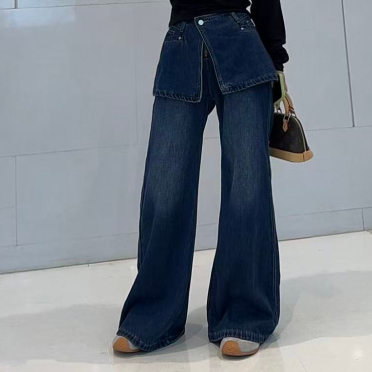 优雅假两件深蓝色牛仔裤女2025秋季新款高腰显瘦设计感喇叭长裤子